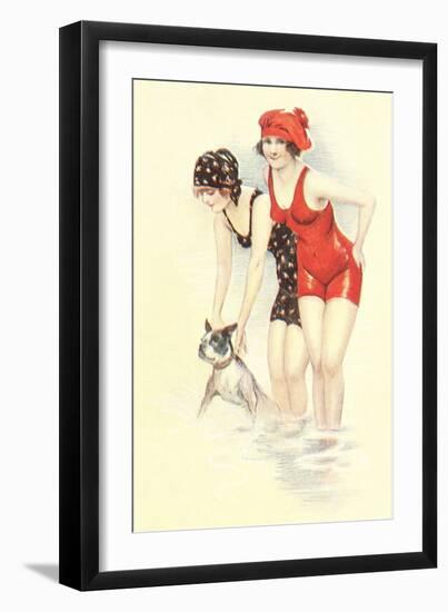 Women in Bathing Costumes with Terrier-null-Framed Art Print