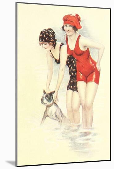 Women in Bathing Costumes with Terrier-null-Mounted Art Print