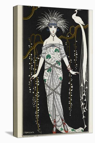 Women in evening dress with silver brocade, red slippers and a blue wig with silver headress-Georges Barbier-Stretched Canvas