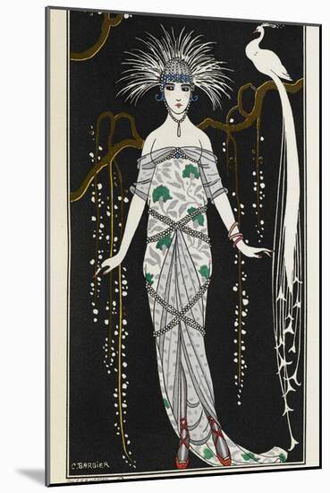 Women in evening dress with silver brocade, red slippers and a blue wig with silver headress-Georges Barbier-Mounted Giclee Print