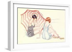 Women in Swim Suits with Umbrella-null-Framed Art Print