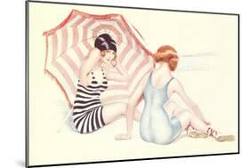 Women in Swim Suits with Umbrella-null-Mounted Art Print