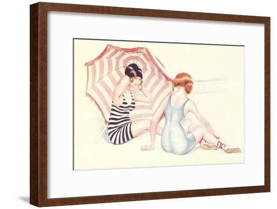Women in Swim Suits with Umbrella--Framed Art Print