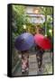 Women in traditional dress with umbrellas walking through Kyoto, Japan-Peter Adams-Framed Stretched Canvas