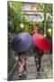 Women in traditional dress with umbrellas walking through Kyoto, Japan-Peter Adams-Mounted Photographic Print