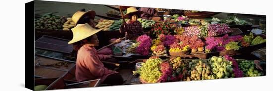 Women Market Traders in Boats Laden with Fruit and Flowers, Thailand-Gavin Hellier-Stretched Canvas