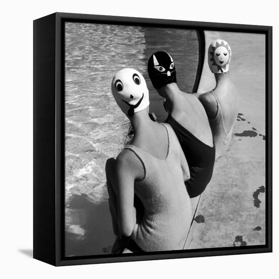 Women Modeling Bathing Caps with Faces on Them-Ralph Crane-Framed Stretched Canvas