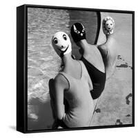Women Modeling Bathing Caps with Faces on Them-Ralph Crane-Framed Stretched Canvas
