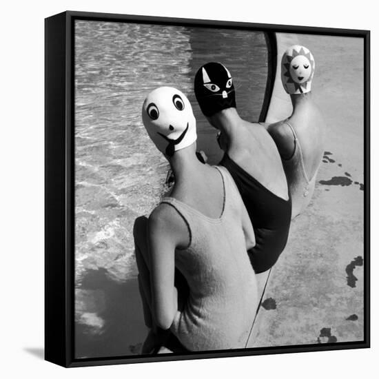 Women Modeling Bathing Caps with Faces on Them-Ralph Crane-Framed Stretched Canvas