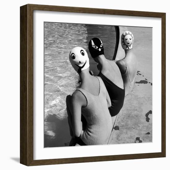 Women Modeling Bathing Caps with Faces on Them-Ralph Crane-Framed Photographic Print
