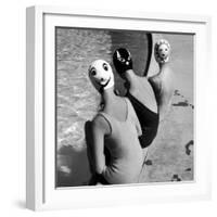 Women Modeling Bathing Caps with Faces on Them-Ralph Crane-Framed Photographic Print