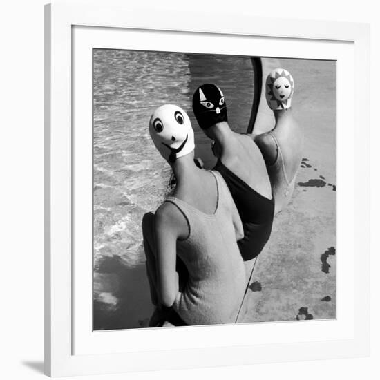 Women Modeling Bathing Caps with Faces on Them-Ralph Crane-Framed Photographic Print