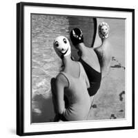 Women Modeling Bathing Caps with Faces on Them-Ralph Crane-Framed Photographic Print