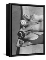 Women Modeling Bathing Caps with Faces on Them-Ralph Crane-Framed Stretched Canvas