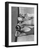 Women Modeling Bathing Caps with Faces on Them-Ralph Crane-Framed Photographic Print