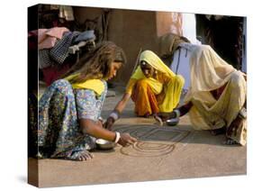 Women Painting a Mandana on the Ground, Village Near Jodhpur, Rajasthan State, India-Bruno Morandi-Stretched Canvas