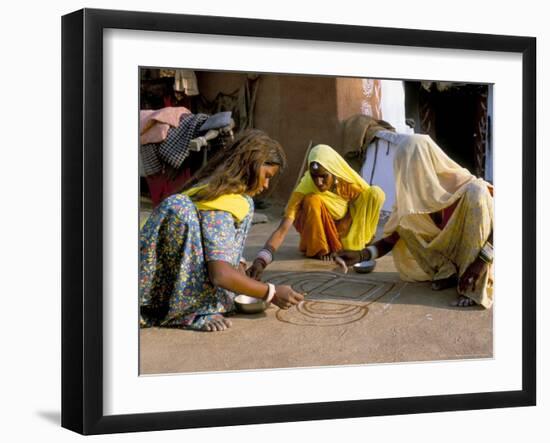 Women Painting a Mandana on the Ground, Village Near Jodhpur, Rajasthan State, India-Bruno Morandi-Framed Photographic Print