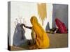 Women Painting Design on a Wall in a Village Near Jaisalmer, Rajasthan State, India-Bruno Morandi-Stretched Canvas