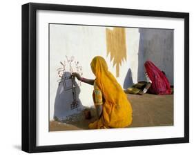 Women Painting Design on a Wall in a Village Near Jaisalmer, Rajasthan State, India-Bruno Morandi-Framed Photographic Print