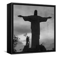 Women Posing with the Statue Called "Christ the Redeemer"-Hart Preston-Framed Stretched Canvas