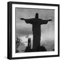 Women Posing with the Statue Called "Christ the Redeemer"-Hart Preston-Framed Premium Photographic Print