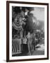 Women Rail Workers Standing at Work on Engine of Train, During WWI at Great Northern Railway-null-Framed Premium Photographic Print