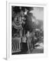 Women Rail Workers Standing at Work on Engine of Train, During WWI at Great Northern Railway-null-Framed Premium Photographic Print