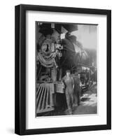 Women Rail Workers Standing at Work on Engine of Train, During WWI at Great Northern Railway-null-Framed Premium Photographic Print