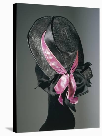 Women's Black Florence Straw Hat with Pink Satin and Velvet Double Ribbon, Early 1900-null-Stretched Canvas