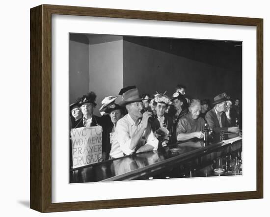 Women's Christian Temperance Union Members Invading Bar While Customers Remain Indifferent-Peter Stackpole-Framed Photographic Print