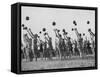 Women's Gym Class with Rows of Women Throwing Balls Into Air in Unison-null-Framed Stretched Canvas