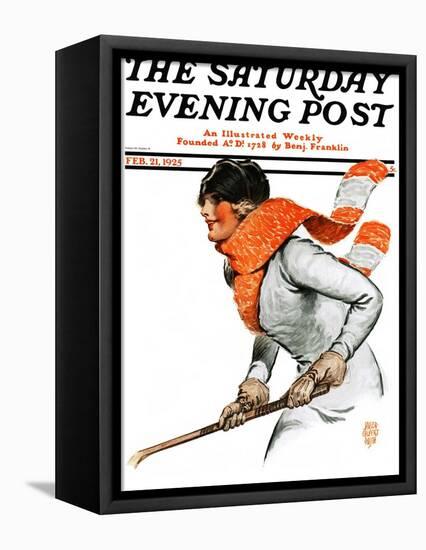 "Women's Ice Hockey," Saturday Evening Post Cover, February 21, 1925-James Calvert Smith-Framed Stretched Canvas