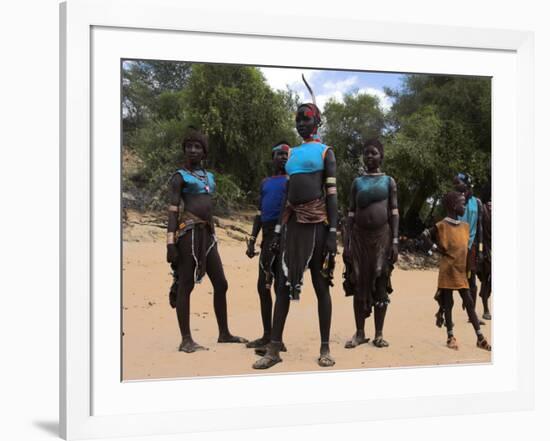 Women Sing and Dance Before the Bull Jumping, Turmi, Ethiopia-Jane Sweeney-Framed Photographic Print