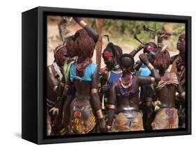 Women Sing and Dance Before the Bull Jumping, Turmi, Ethiopia-Jane Sweeney-Framed Stretched Canvas