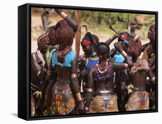 Women Sing and Dance Before the Bull Jumping, Turmi, Ethiopia-Jane Sweeney-Framed Stretched Canvas