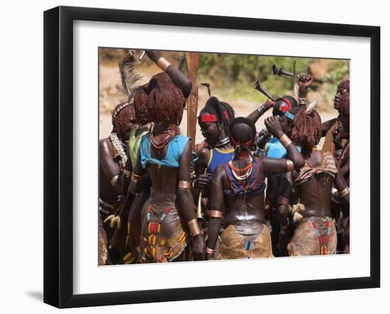 Women Sing and Dance Before the Bull Jumping, Turmi, Ethiopia-Jane Sweeney-Framed Photographic Print