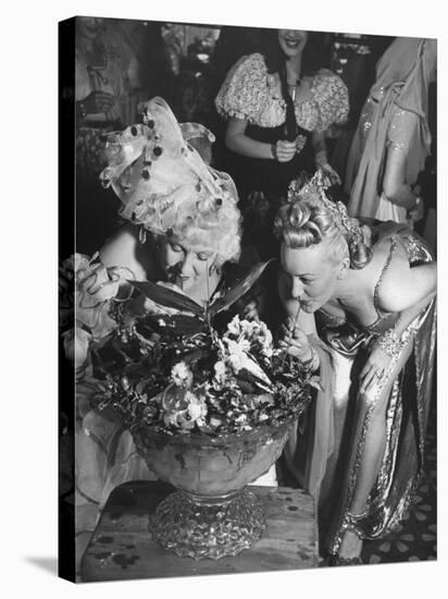 Women Sipping Punch Out of Big Bowl at Globetrotters Costume Party-Peter Stackpole-Stretched Canvas