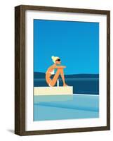 Women Sitting by Swimming Pool near Ocean-null-Framed Giclee Print