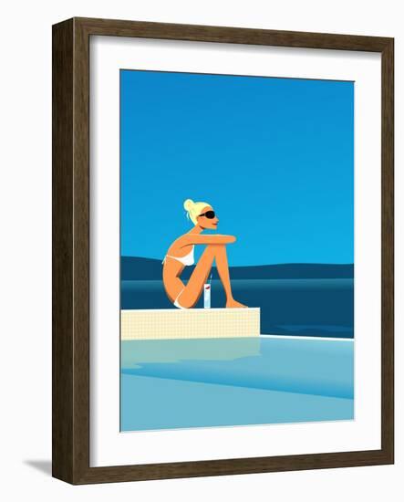 Women Sitting by Swimming Pool near Ocean-null-Framed Giclee Print