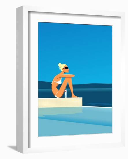 Women Sitting by Swimming Pool near Ocean-null-Framed Giclee Print