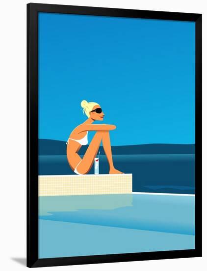 Women Sitting by Swimming Pool near Ocean-null-Framed Giclee Print