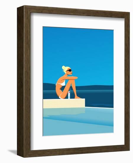 Women Sitting by Swimming Pool near Ocean-null-Framed Giclee Print