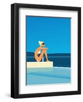 Women Sitting by Swimming Pool near Ocean-null-Framed Giclee Print