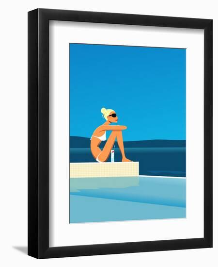 Women Sitting by Swimming Pool near Ocean-null-Framed Giclee Print
