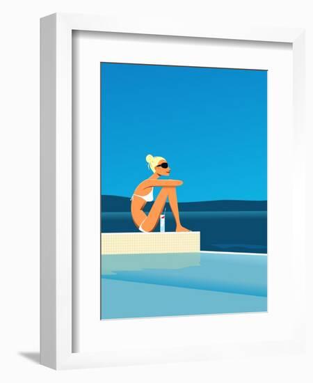 Women Sitting by Swimming Pool near Ocean-null-Framed Giclee Print