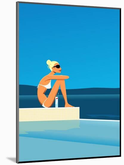 Women Sitting by Swimming Pool near Ocean-null-Mounted Giclee Print