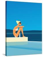 Women Sitting by Swimming Pool near Ocean-null-Stretched Canvas