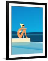 Women Sitting by Swimming Pool near Ocean-null-Framed Giclee Print