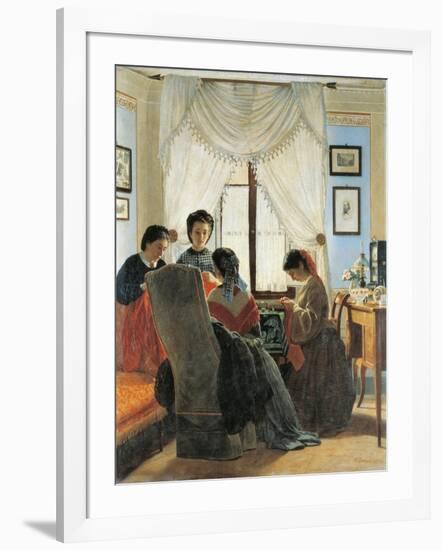 Women Stitching Red Shirts, 1863-Odoardo Borrani-Framed Giclee Print