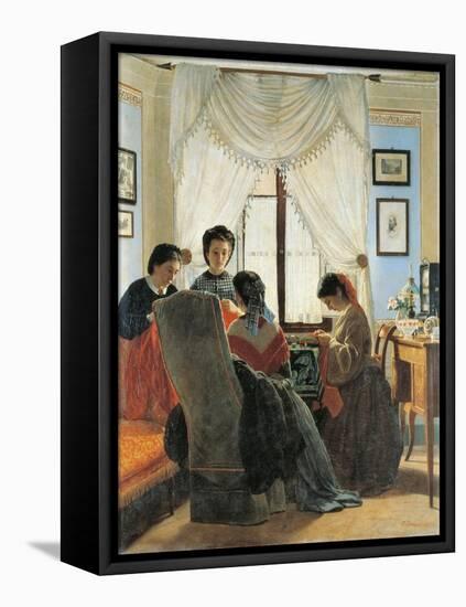 Women Stitching Red Shirts, 1863-Odoardo Borrani-Framed Stretched Canvas
